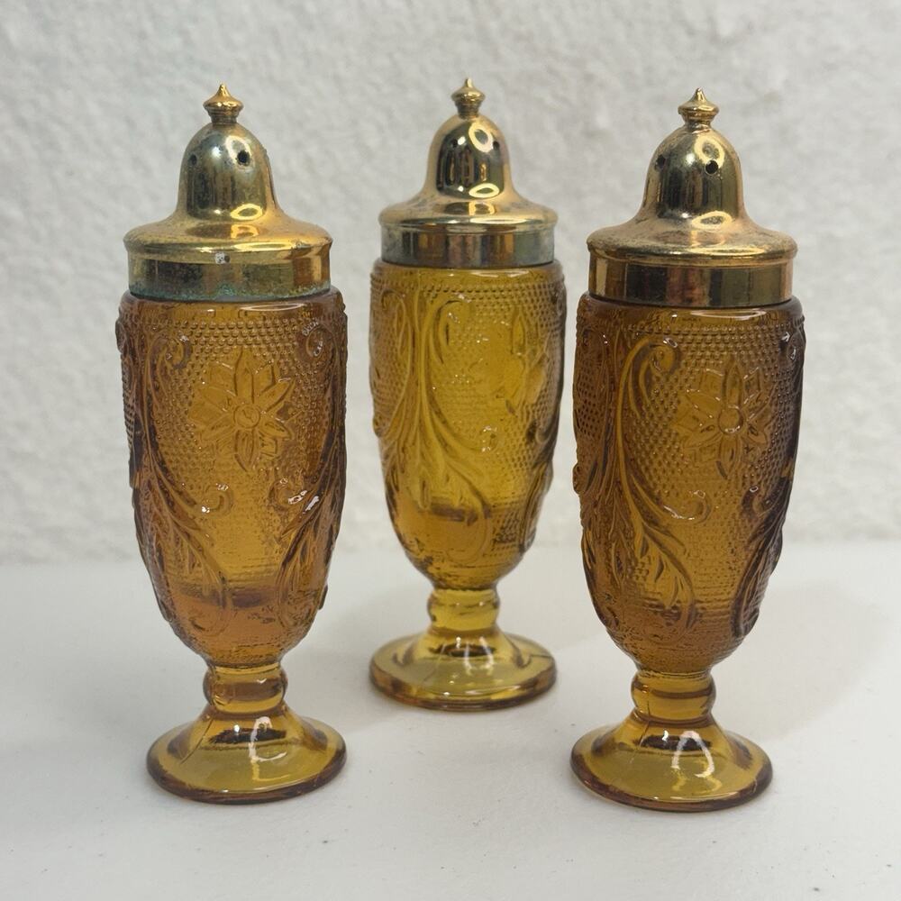 Tiara Indiana Glass Yellow Amber Gold Footed Condiment Shakers Salt & Pepper VTG